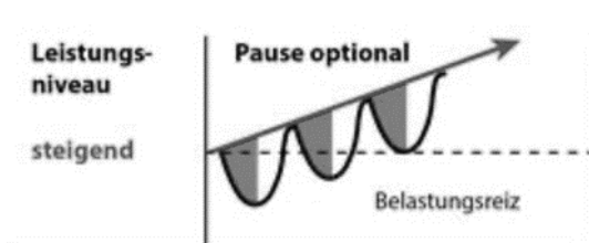 Diagramm: ansteigendes Leistungsniveau mit wellenförmigen Erholungsphasen und Beschriftung "Pause optional".
